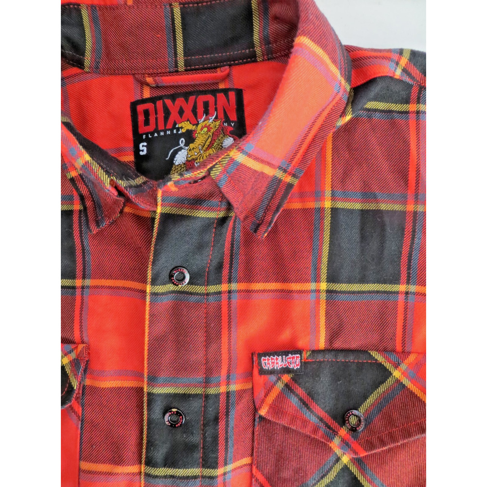Dixxon Shirt Mens Small Red Black Plaid Button Snap Long Sleeve Caballero Dragon